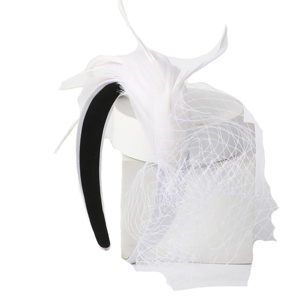 1566 White Wedding Bride Fascinator Hat With Feather Veil Hairband Holder